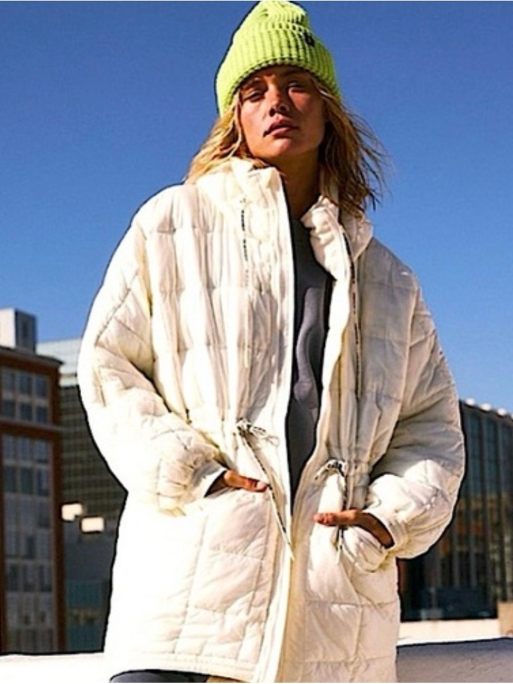 Free People Cream Quilted Oversized Puffer Coat